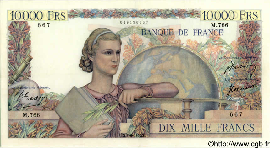 10000 Francs GÉNIE FRANÇAIS FRANKREICH  1950 F.50.32 VZ