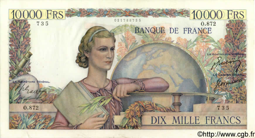 10000 Francs GÉNIE FRANÇAIS FRANCIA  1950 F.50.37 MBC