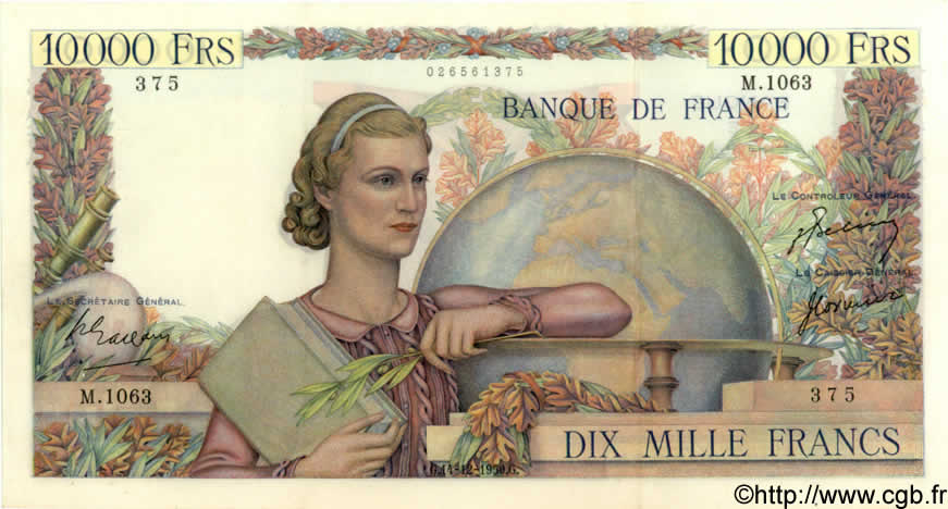 10000 Francs GÉNIE FRANÇAIS FRANKREICH  1950 F.50.45 fVZ to VZ