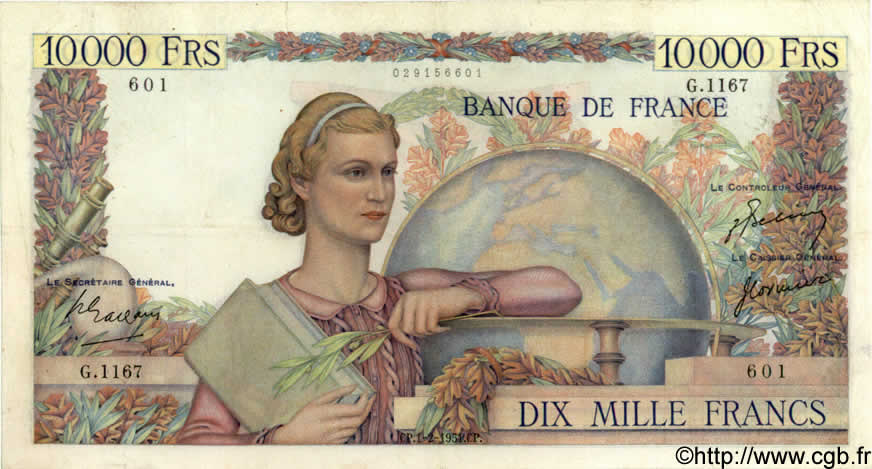 10000 Francs GÉNIE FRANÇAIS FRANCE  1951 F.50.47 VF-