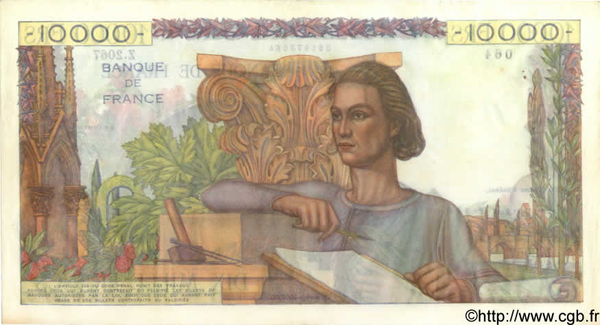10000 Francs GÉNIE FRANÇAIS FRANKREICH  1951 F.50.55 VZ