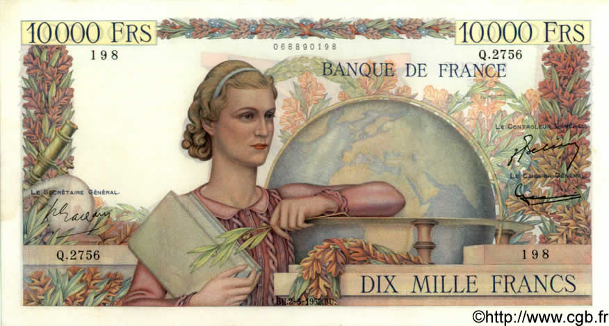 10000 Francs GÉNIE FRANÇAIS FRANCE  1952 F.50.58 pr.SPL