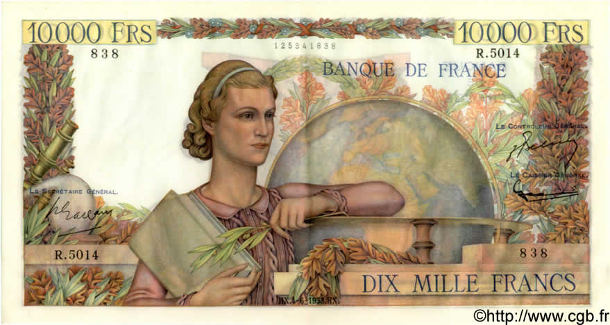 10000 Francs GÉNIE FRANÇAIS FRANCE  1953 F.50.66 AU-