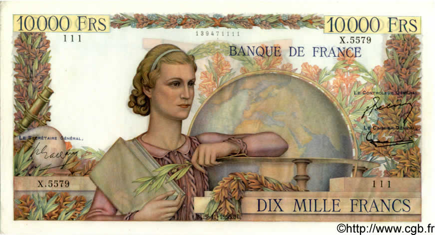 10000 Francs GÉNIE FRANÇAIS FRANCIA  1953 F.50.68 SPL