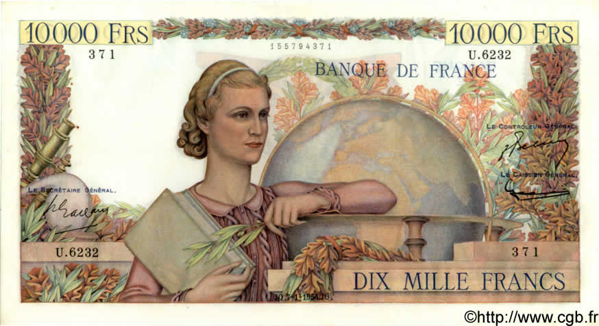 10000 Francs GÉNIE FRANÇAIS FRANCE  1954 F.50.69 XF+