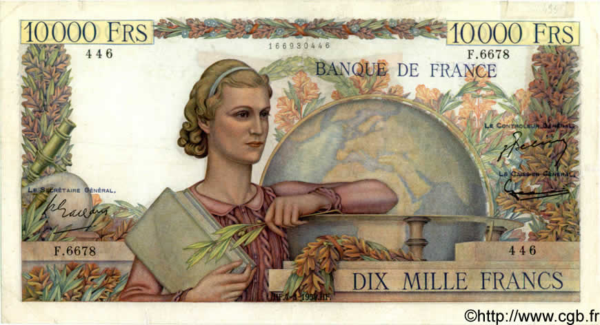 10000 Francs GÉNIE FRANÇAIS FRANCIA  1954 F.50.70 MB