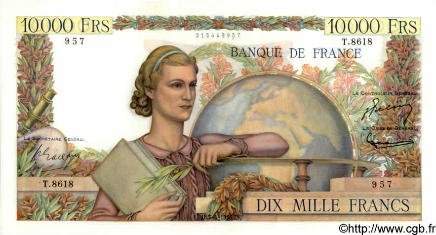 10000 Francs GÉNIE FRANÇAIS FRANCIA  1955 F.50.74 EBC+