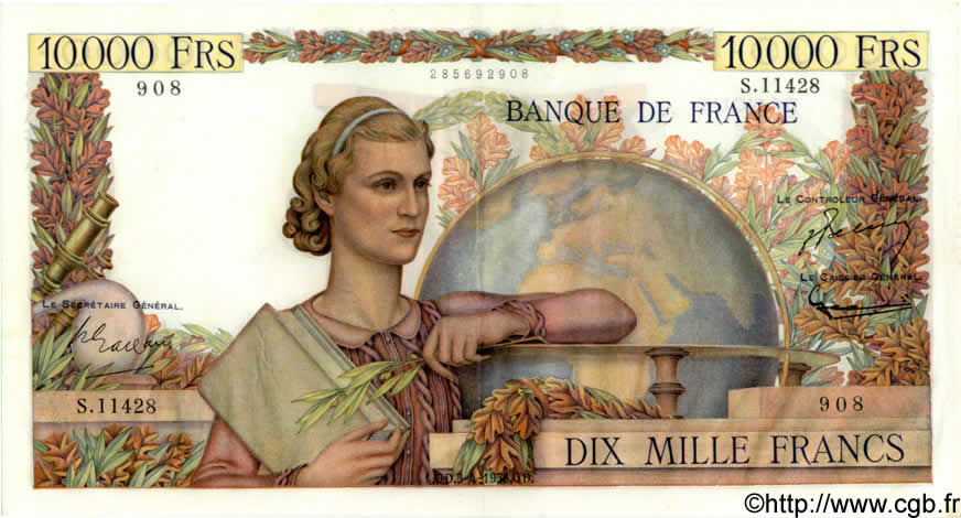 10000 Francs GÉNIE FRANÇAIS FRANKREICH  1956 F.50.80 fVZ