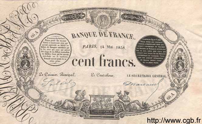 100 Francs 1848 Transposé FRANCIA  1858 F.A25.00Ec2 SC+