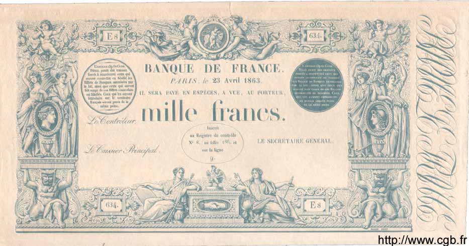 1000 Francs 1862 à la griffe bleue FRANCE  1863 F.A36.00 UNC-
