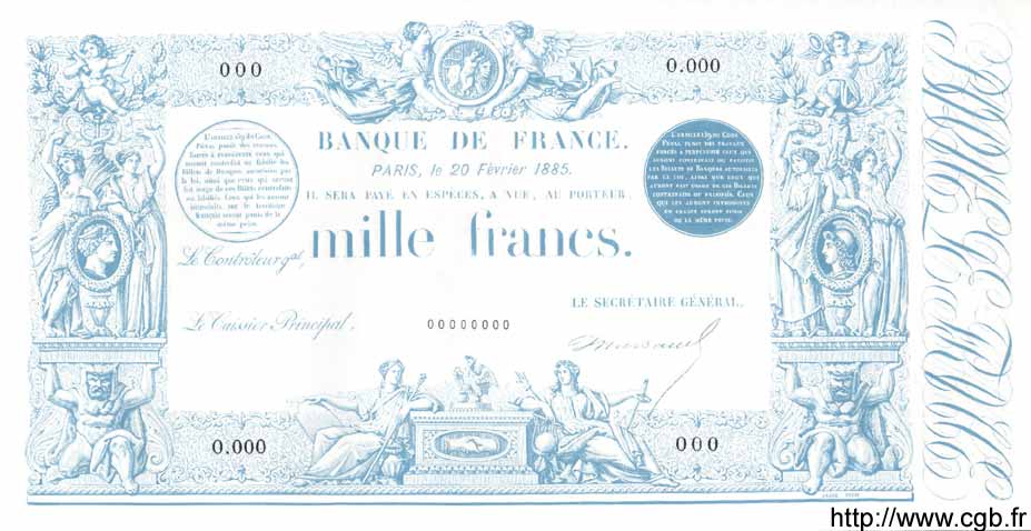 1000 Francs 1862 indices noirs modifié FRANCE  1885 F.A50.00 UNC