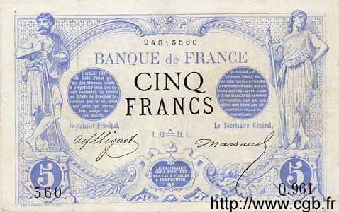 5 Francs NOIR FRANCE  1872 F.01.10 F