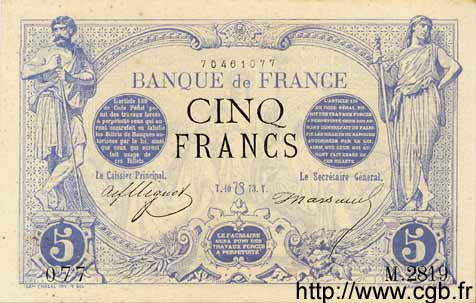 5 Francs NOIR FRANCIA  1873 F.01.20 SPL+ a AU