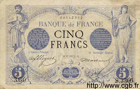 5 Francs NOIR FRANCE  1873 F.01.25 VF-