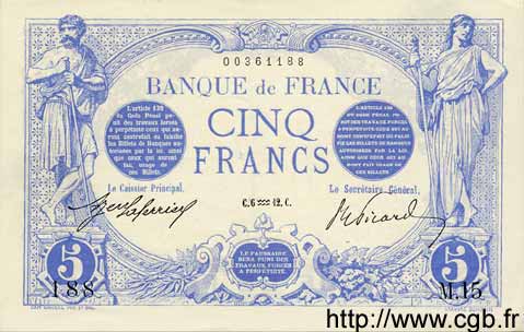 5 Francs BLEU FRANKREICH  1912 F.02.01 VZ