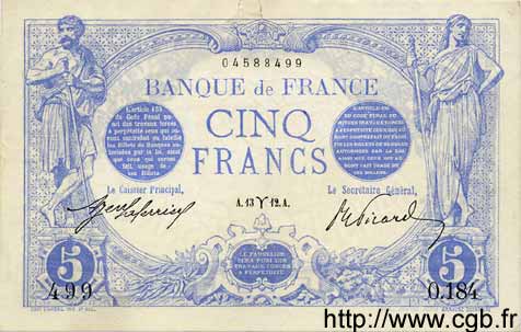 5 Francs BLEU FRANKREICH  1912 F.02.03 SS