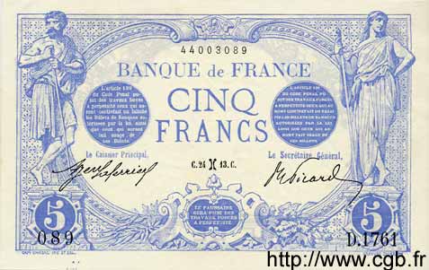 5 Francs BLEU FRANCIA  1913 F.02.14 q.AU