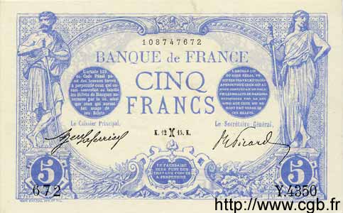 5 Francs BLEU FRANKREICH  1915 F.02.24 fST