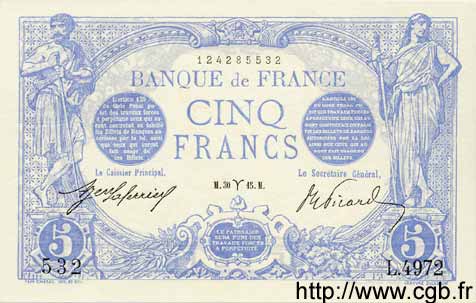 5 Francs BLEU FRANCIA  1915 F.02.25 SC+