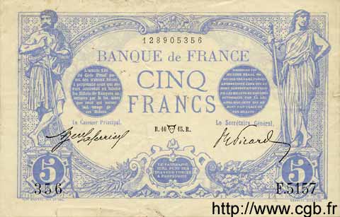 5 Francs BLEU FRANCIA  1915 F.02.26 BB
