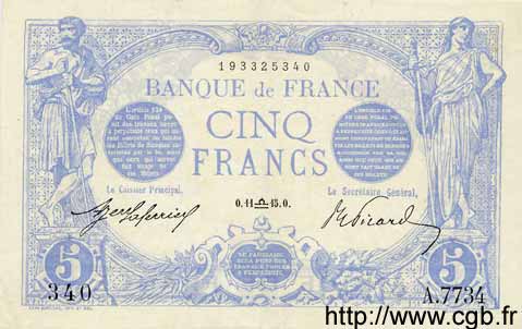 5 Francs BLEU FRANKREICH  1915 F.02.31 VZ