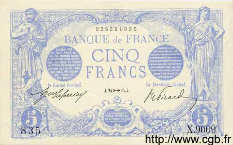5 Francs BLEU FRANCIA  1915 F.02.33 AU