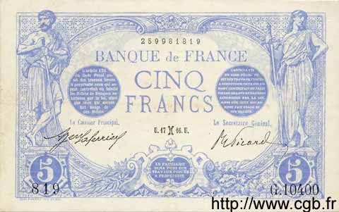 5 Francs BLEU FRANKREICH  1916 F.02.36 VZ