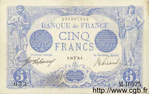 5 Francs BLEU FRANCIA  1916 F.02.37 SPL+