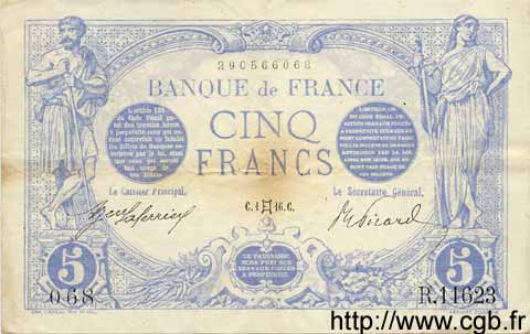 5 Francs BLEU FRANCIA  1916 F.02.39 MBC
