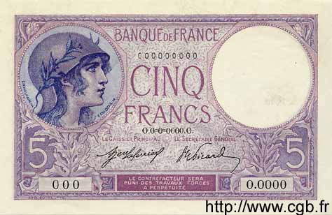 5 Francs FEMME CASQUÉE FRANCE  1917 F.03.01S UNC-