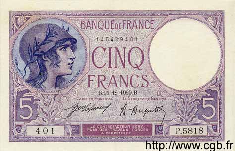 5 Francs FEMME CASQUÉE FRANCIA  1920 F.03.04 SPL+