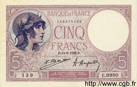 5 Francs FEMME CASQUÉE FRANCIA  1922 F.03.06 SPL a AU