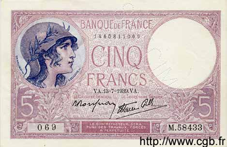 5 Francs FEMME CASQUÉE modifié FRANCE  1939 F.04.01Scp AU