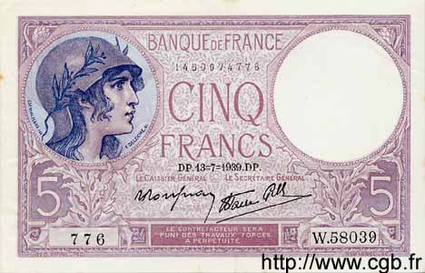 5 Francs FEMME CASQUÉE modifié FRANKREICH  1939 F.04.01 VZ+
