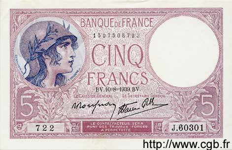 5 Francs FEMME CASQUÉE modifié FRANCIA  1939 F.04.05 SC+