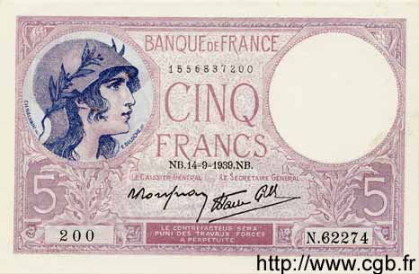 5 Francs FEMME CASQUÉE modifié FRANKREICH  1939 F.04.08 VZ to fST