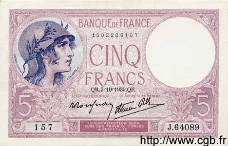 5 Francs FEMME CASQUÉE modifié FRANCE  1939 F.04.11 AU
