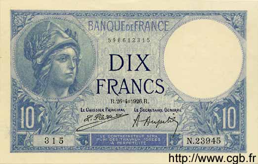 10 Francs MINERVE FRANCE  1926 F.06.10 AU-