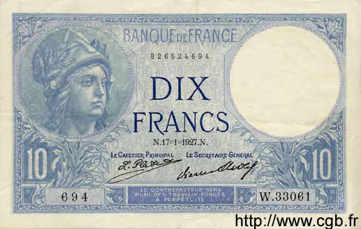 10 Francs MINERVE FRANCE  1927 F.06.12 VF+
