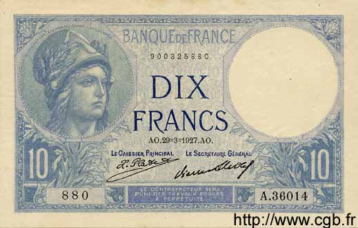 10 Francs MINERVE FRANCE  1927 F.06.12 SUP