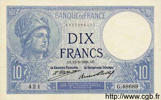 10 Francs MINERVE FRANCIA  1928 F.06.13 EBC