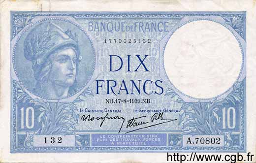 10 Francs MINERVE modifié FRANCIA  1939 F.07.05 MBC