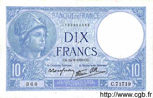 10 Francs MINERVE modifié FRANKREICH  1939 F.07.07 SS
