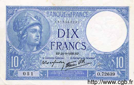 10 Francs MINERVE modifié FRANKREICH  1939 F.07.08 VZ+