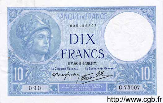 10 Francs MINERVE modifié FRANCE  1939 F.07.09 AU-