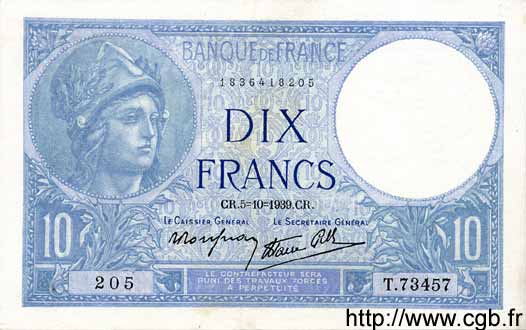 10 Francs MINERVE modifié FRANCIA  1939 F.07.10 SPL