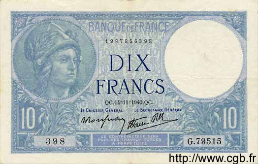 10 Francs MINERVE modifié FRANCIA  1940 F.07.20 MBC+