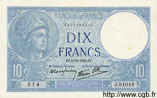 10 Francs MINERVE modifié FRANKREICH  1940 F.07.23 VZ+