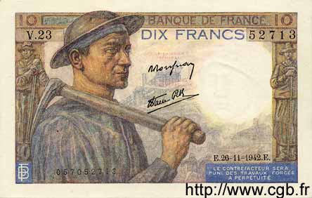 10 Francs MINEUR FRANCE  1942 F.08.06 UNC-