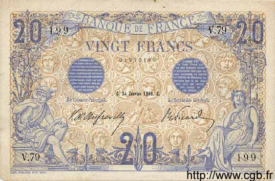 20 Francs BLEU FRANKREICH  1906 F.10.01 VZ